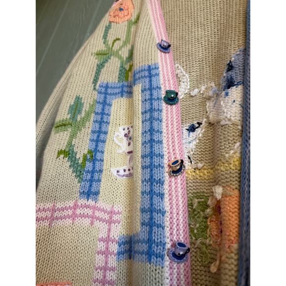 Vintage Storybook Knits Handknit Tea Party Cardigan Sweater M Embroidery - Picture 5 of 10
